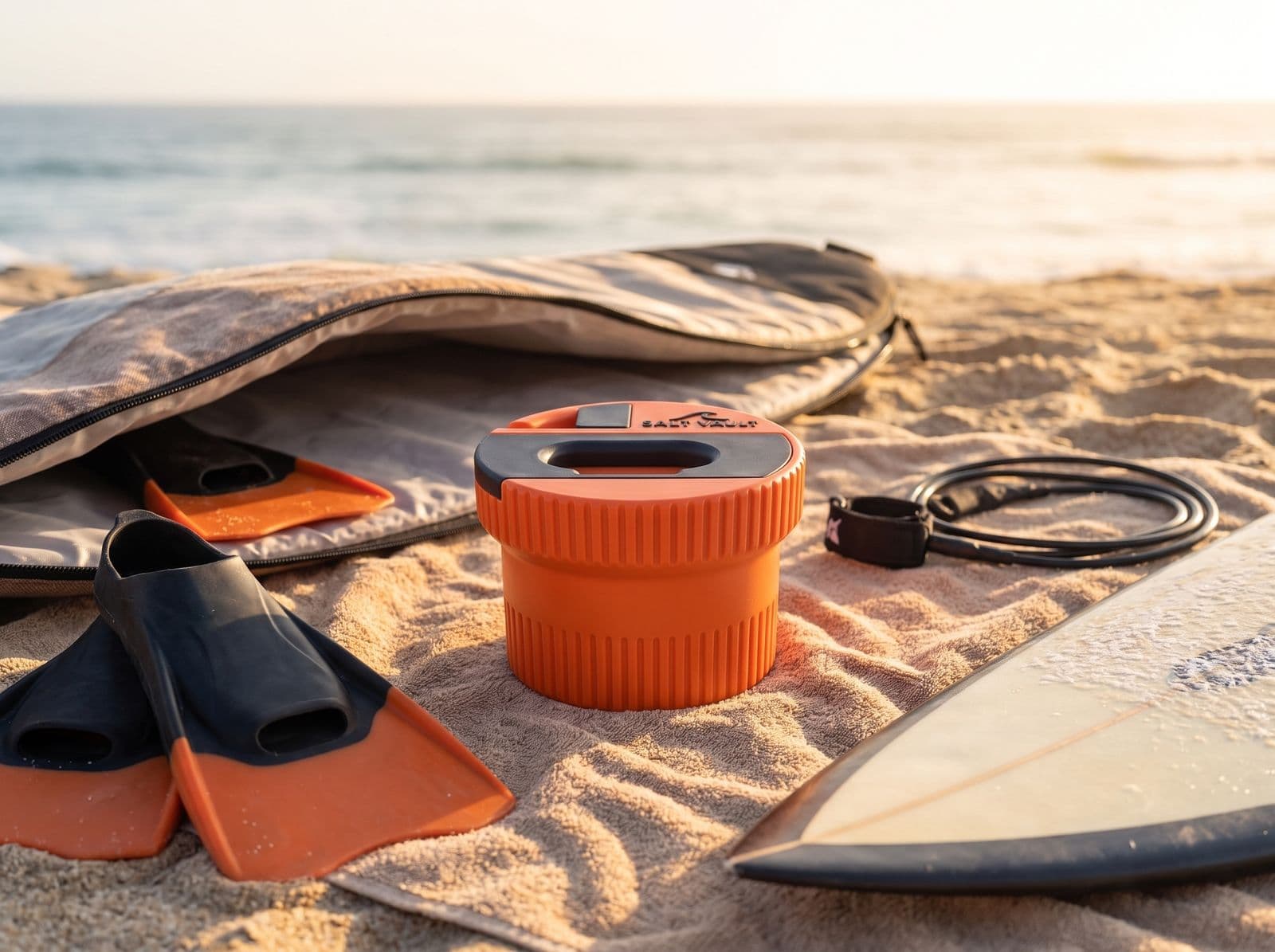Salt Vault resting on a beach towel beside an open board bag, swim fins, a leash and a surfboard in morning light